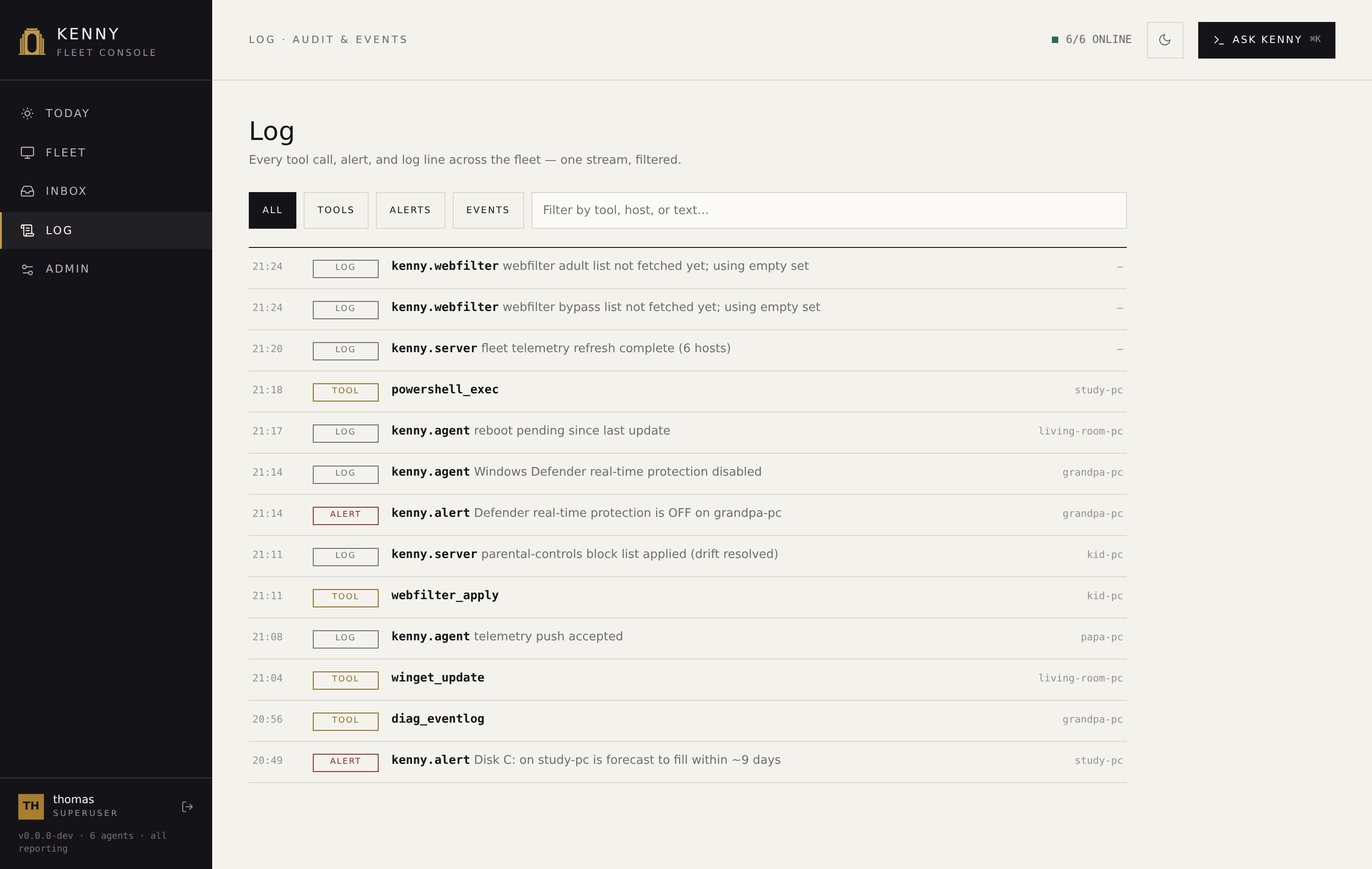 The Log page, filtered to tool calls, each tagged read-only or state-changing.